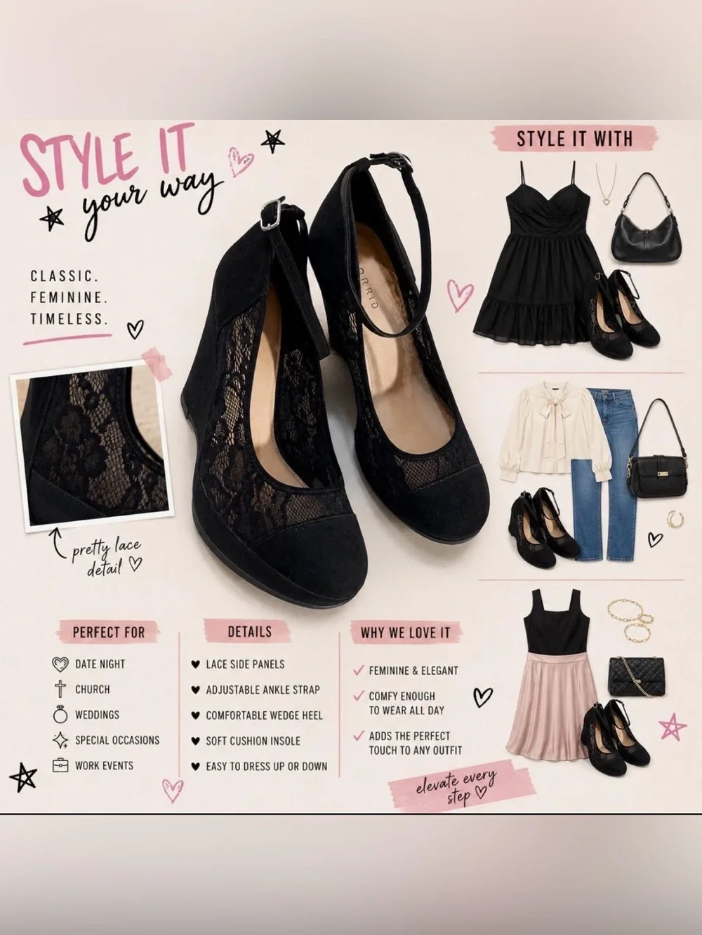 Y2K Romantic Lace Wedge Heels 🖤